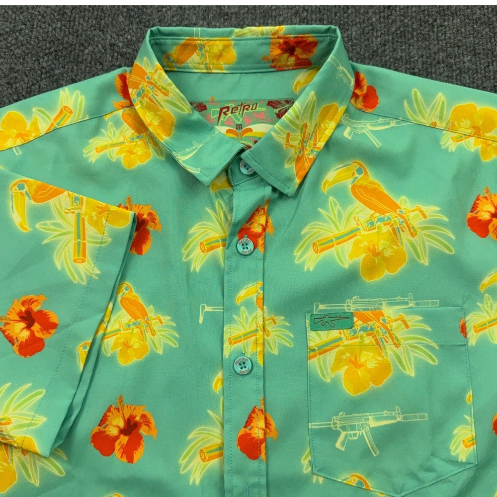 Retro Rifle Dead Air Silencers Shirt Mens M Teal Guns Toucans Stretch Hawaiian